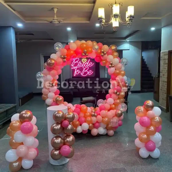 Rose Gold & Blush Round Balloon Backdrop with Neon Bride-to-Be Sign