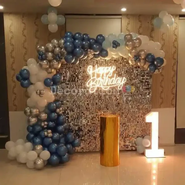 Elegant Blue & Silver Shimmer Backdrop for 1st Birthday