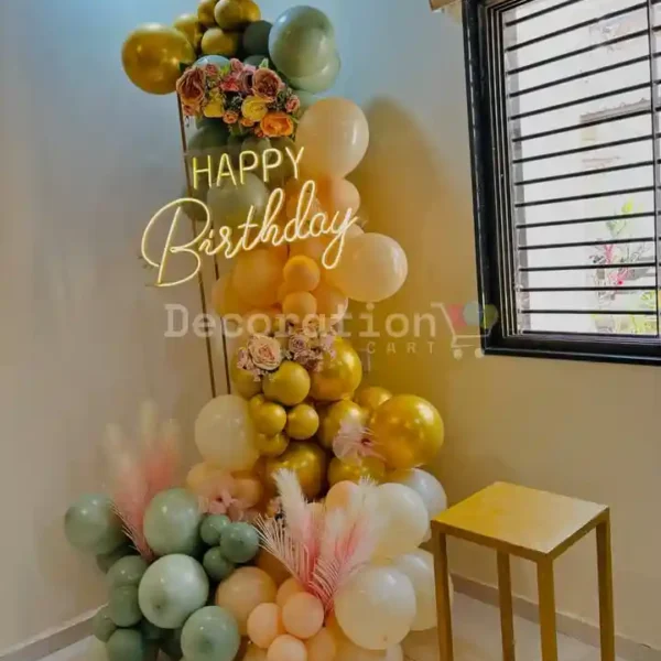 Golden Pastel Bloom with Neon Birthday Balloon Pillar Setup