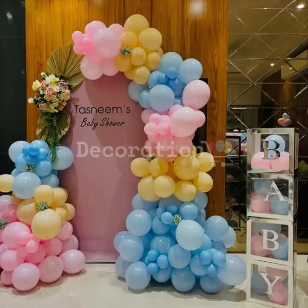 Sweet Pastel Baby Shower With Balloon Welcome Backdrop
