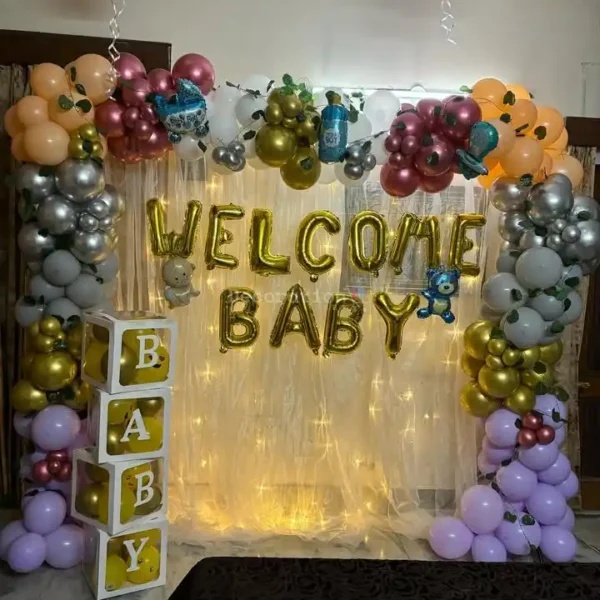 Golden Glow – Baby Welcome Balloon Arch Setup